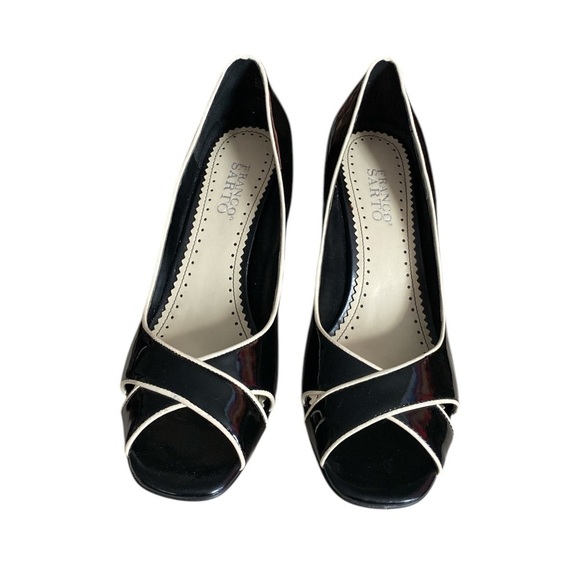 FRANCO SARTO Black Patent Leather White Trim Peep-toe Block Heel Pump Size 9.5M - Picture 5 of 8